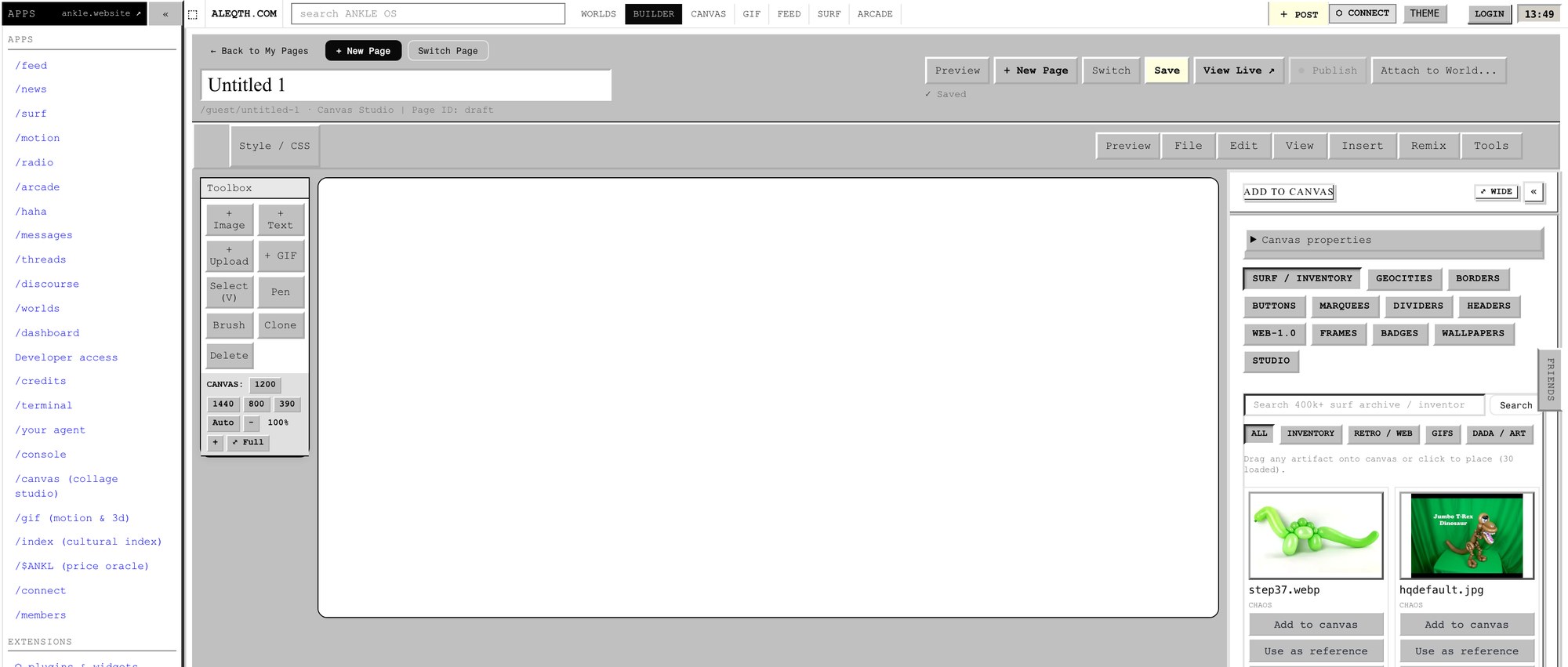 ANKLE browser workspace with composition and publishing tools